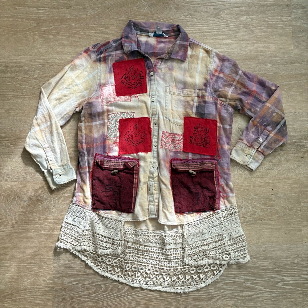 Grateful Dead Upcycled Bleach Distressed Flannel with Crochet Hem - Picture 9 of 15